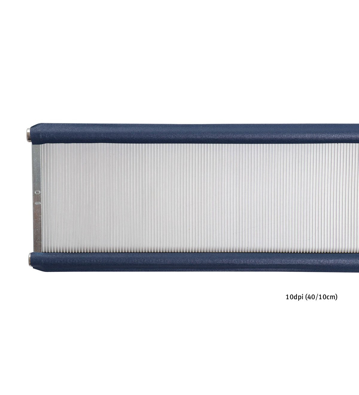 A close-up image of an aluminum reed for weaving. The reed has a blue end and closely spaced metal slots. Dimensions are indicated as 10 dots per inch (40 dots per 10 centimeters).