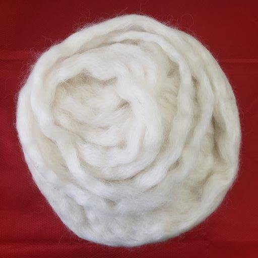 A coil of undyed, white wool roving is laid out in a circular pattern on a red fabric background. The wool appears soft and fluffy, with the individual fibers visible upon close inspection.