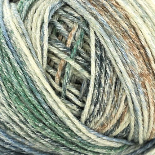 A close-up image of a ball of yarn. The yarn features a mix of colors including shades of blue, green, white, and gray, with a variegated pattern. The strands are tightly wound together, showcasing the texture and color variations.