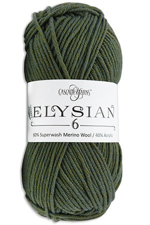 A skein of Cascade Yarns Elysian yarn. The label indicates it is composed of 60% Superwash Merino Wool and 40% Acrylic. The yarn is green in color and coiled neatly.