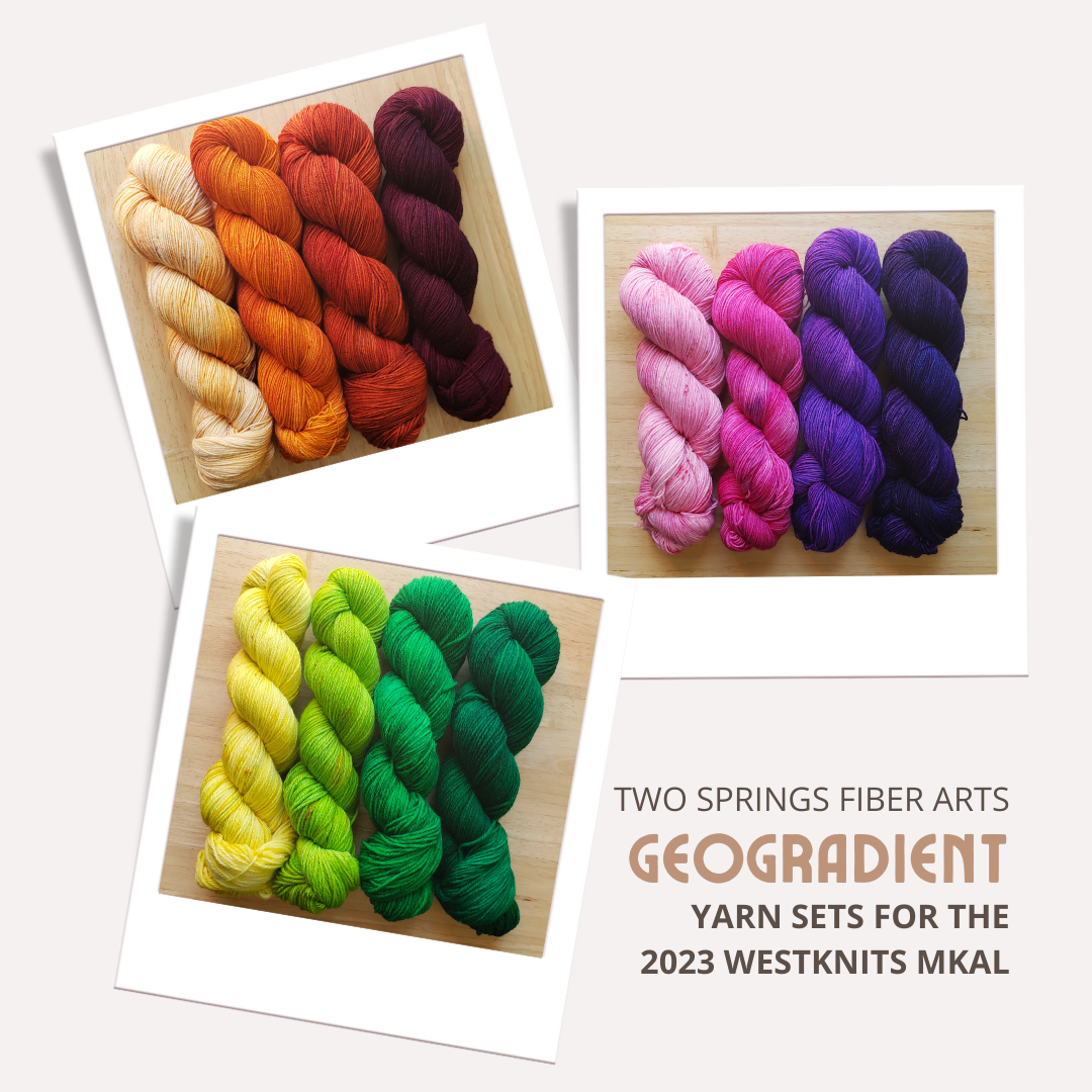 Polaroid-style photos of yarn sets are displayed. One set includes shades of orange, another in purple, one in green, and another in pink. The text reads, "Two Springs Fiber Arts Geogradient Yarn Sets for the 2023 Westknits MKAL.