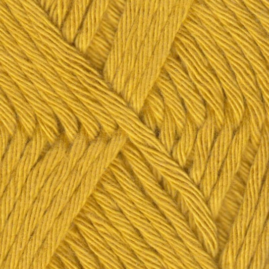 A skein of Queensland Collection Coastal Cotton Fine yarn in light blue. The label indicates it is pure soft cotton, weighing 3.52 ounces (100 grams) and measuring 350 yards (320 meters).