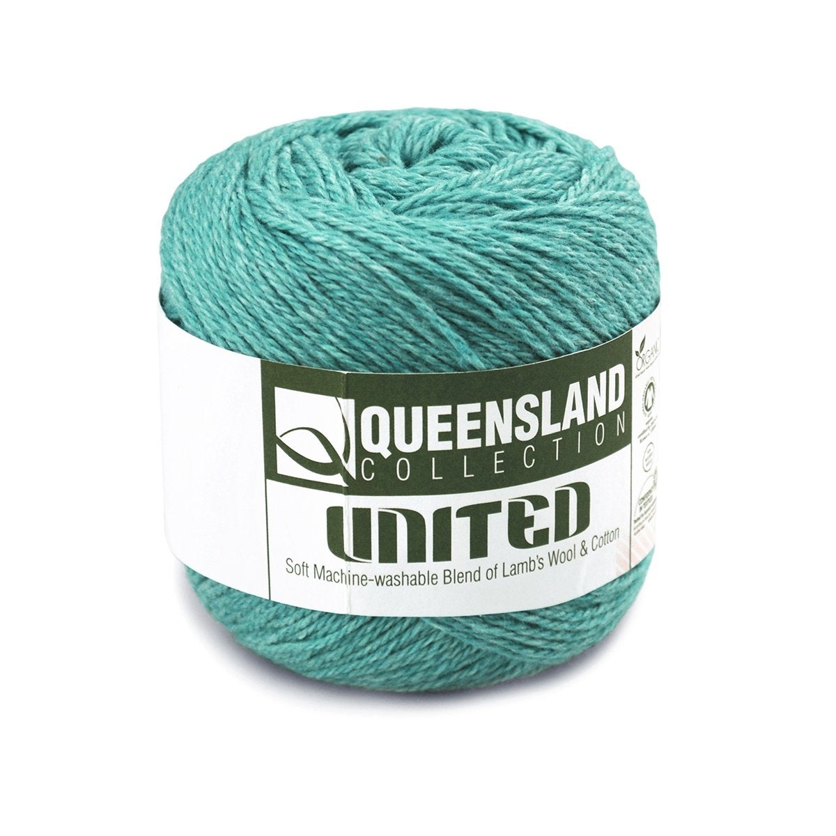 A teal-colored ball of yarn from the Queensland Collection brand labeled "United." The label indicates it is a soft, machine-washable blend of lamb's wool and cotton. The yarn is neatly wound into a compact cylinder shape.