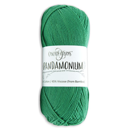 A skein of Cascade Yarns Pandamonium is shown in a vibrant green color. The label states the yarn is composed of 55% cotton and 45% viscose from bamboo. The company logo is positioned at the top of the label.