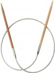 A pair of circular knitting needles connected by a flexible cable is arranged in a loop. The needles have light brown wooden handles.