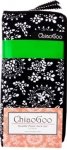 A black and white floral-patterned zippered pouch with a green strip at the top. The pouch displays the brand name "ChiaoGoo." A white and peach label on the lower section also reads "ChiaoGoo.