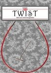 The image shows a knitting tool from the brand HiyaHiya. The product is labeled "Twist," and it is a red circular knitting needle against a gray, patterned background. The knitting needle has a smooth, metal finish.