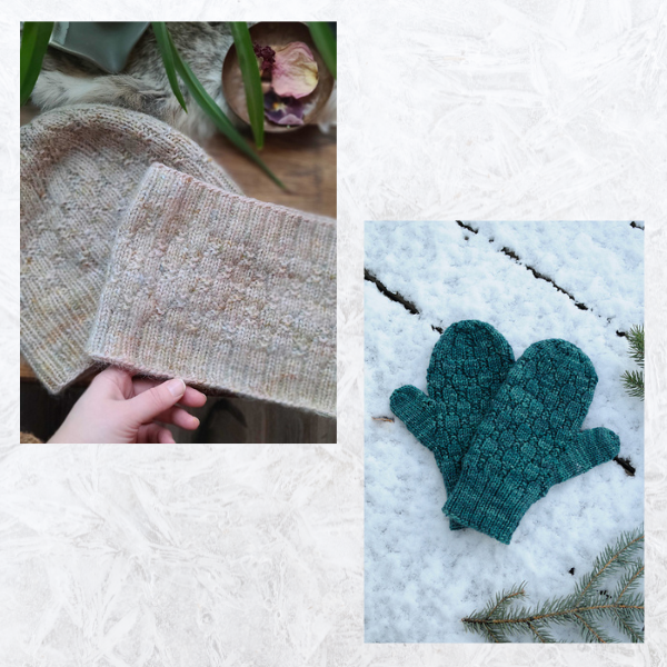 Collage of two images. The first shows someone holding a knitted hat and scarf set in beige tones. The second image shows a pair of green knitted mittens placed on the snow background. Both pieces feature intricate patterns.